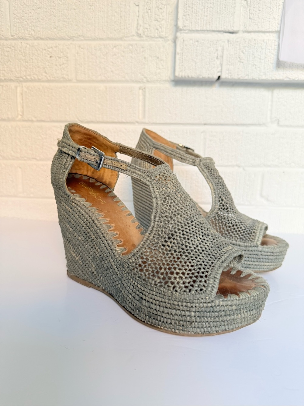 Knit Peep-Toe Wedge Sandals in Sage Green
